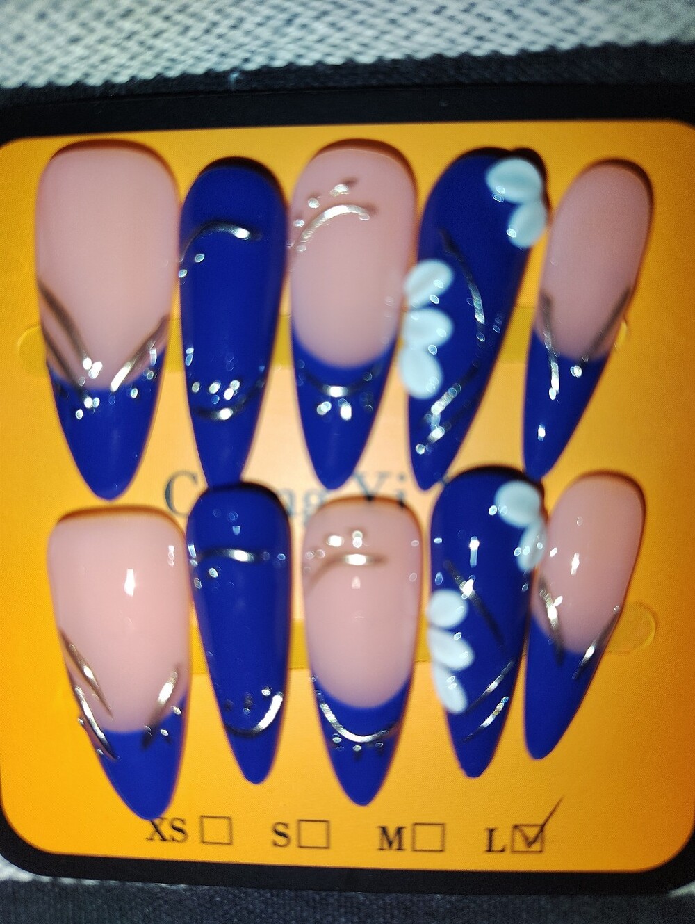 Hand Made Blue Floral French Tip Press-On Nails Size L